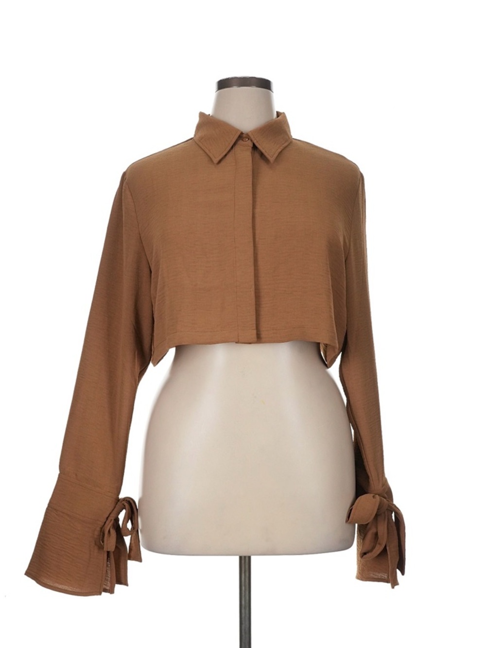 Meshki Cropped Tie-Sleeve Button Front Top - Brown